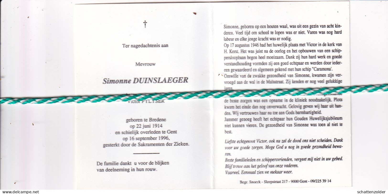 Simonne Duinslaeger-Pylyser, Bredene 1914, Gent 1996. Foto - Todesanzeige