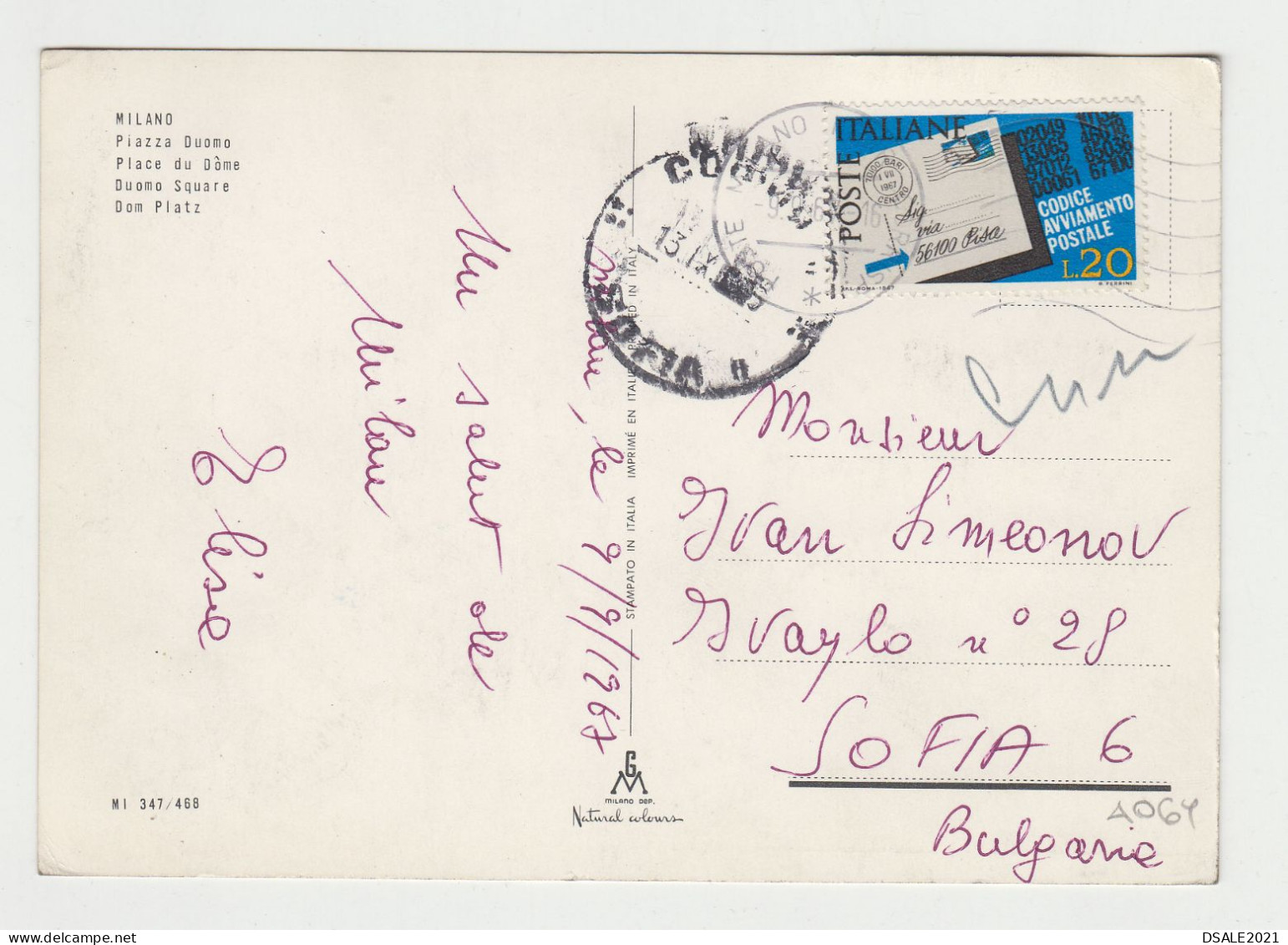 ITALY 1960s Pc W/Mi#1237 (20L) Stamp Postal Codes Sent MILANO To Bulgaria, Postcard MILANO Piazza Duomo (4064) - 1961-70: Marcofilie