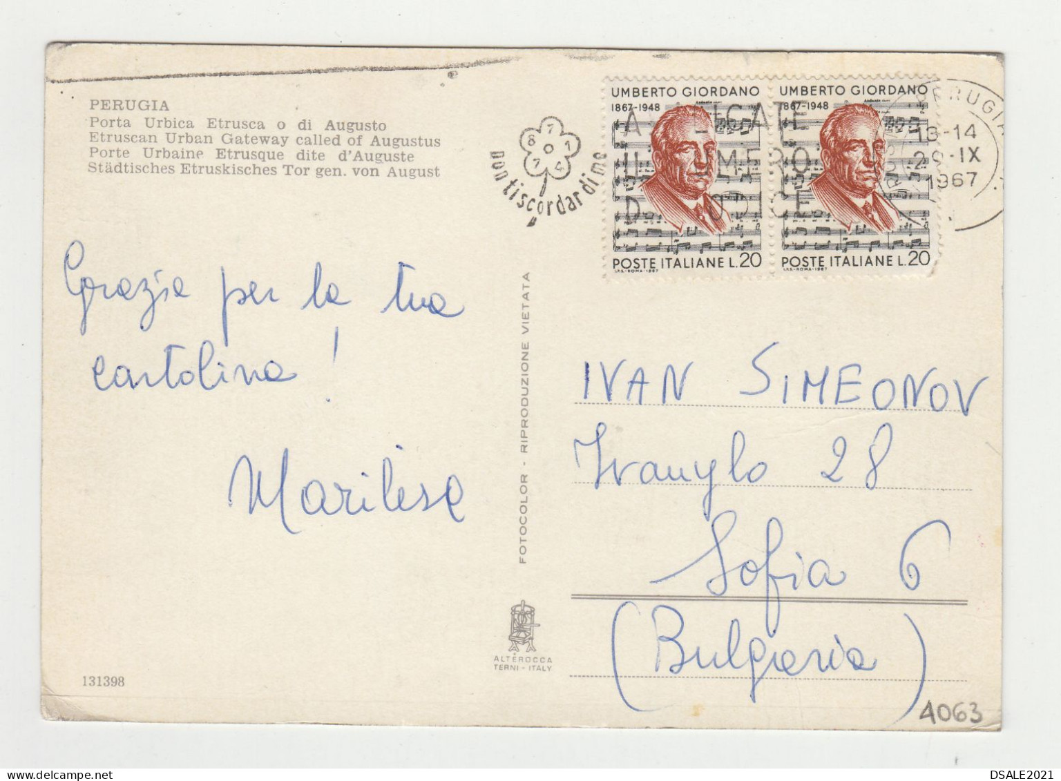 ITALY 1960s Pc W/Mi#1241 (2x20L) Stamp Music Umberto Giordano Sent To Bulgaria, Postcard PERUGIA Porta Urbica (4063) - 1961-70: Marcophilie