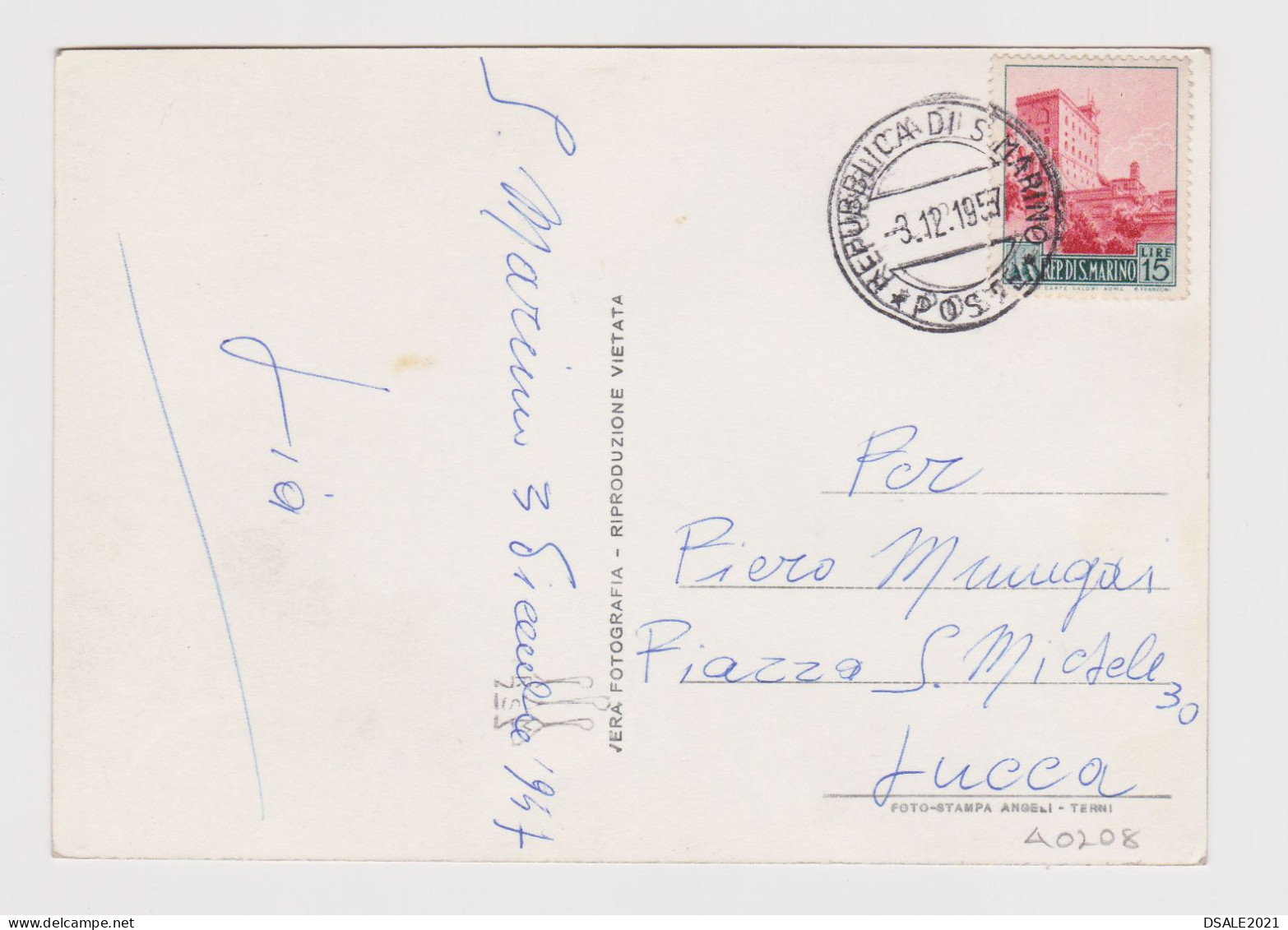 SAN MARINO 1950s Pc W/Mi#532 (15L) Stamp Sent To LUCCA, View Photo Postcard Castle - La Rocca (40208) - Briefe U. Dokumente