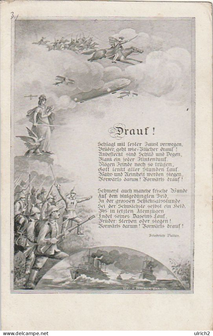 AK Drauf! - Gedicht Vallas - Kavallerie Flugzeuge Marine Infanterie - Patriotika - Feldpost Rudolstadt 1915 (68944) - Guerra 1914-18