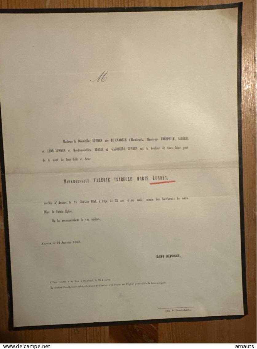 Mademoiselle Valerie Isabelle Marie Lunden *1833+1858 Anvers Humbeek Epouse Le Candele D’Humbeeck - Avvisi Di Necrologio