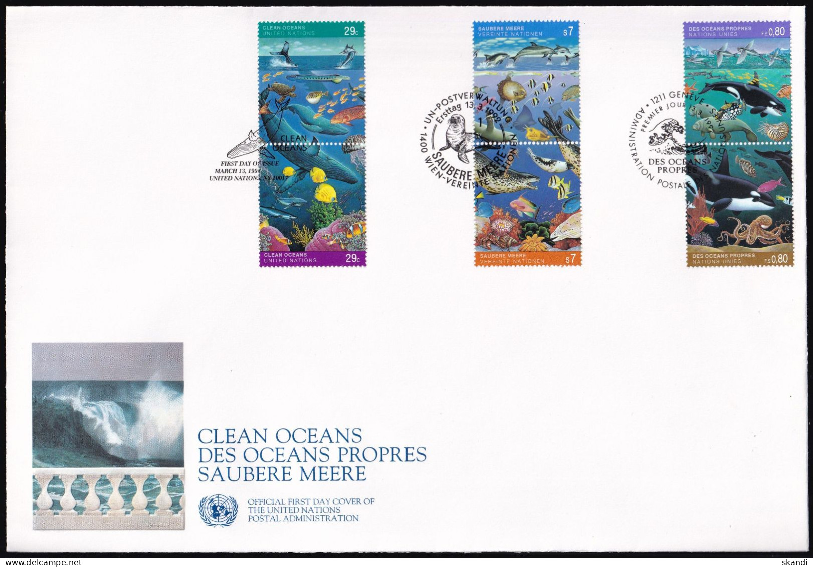 UNO NEW YORK - WIEN - GENF 1992 TRIO-FDC Saubere Meere - Gemeinschaftsausgaben New York/Genf/Wien