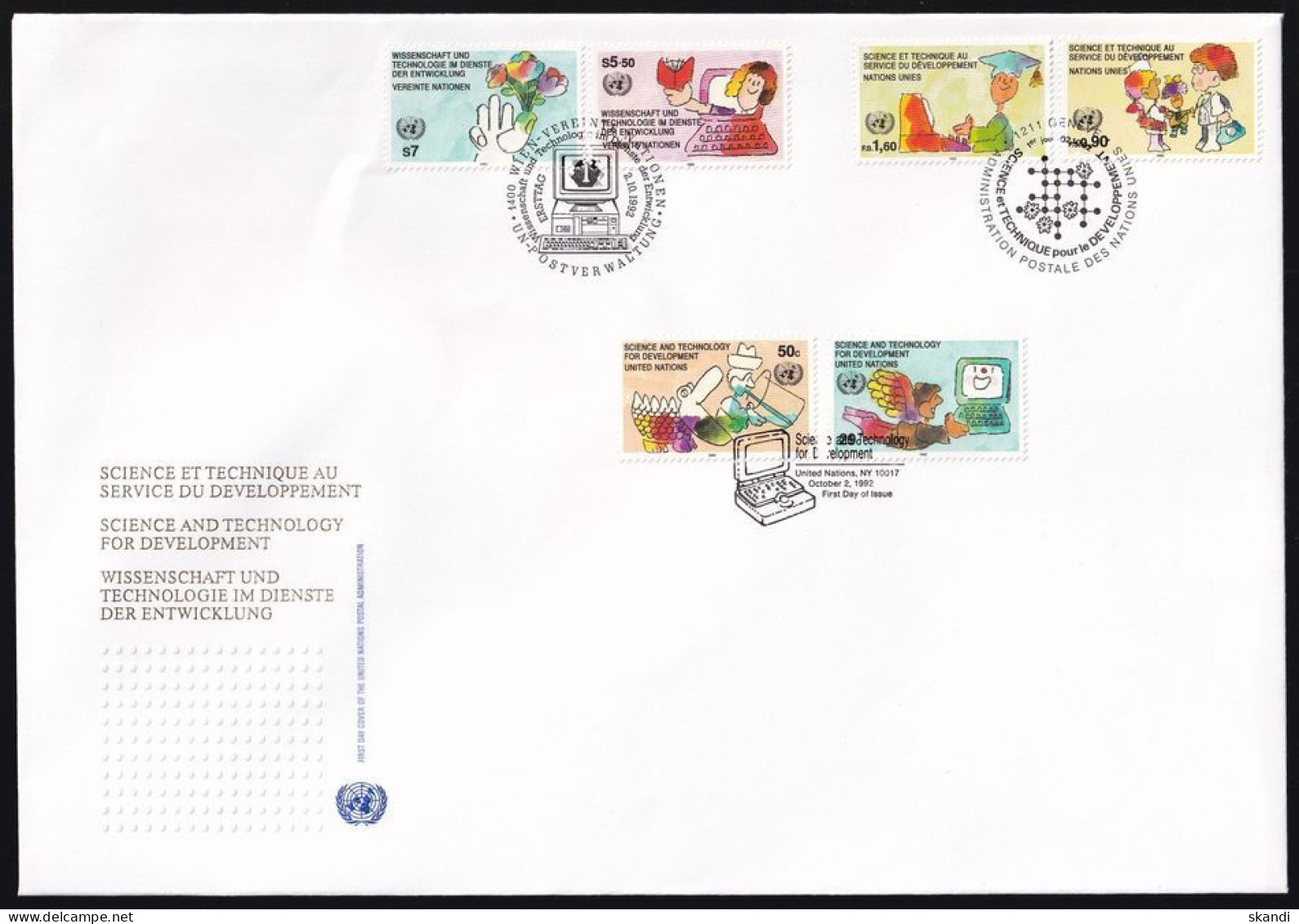 UNO NEW YORK - WIEN - GENF 1992 TRIO-FDC Wissenschaft Und Technik - New York/Geneva/Vienna Joint Issues