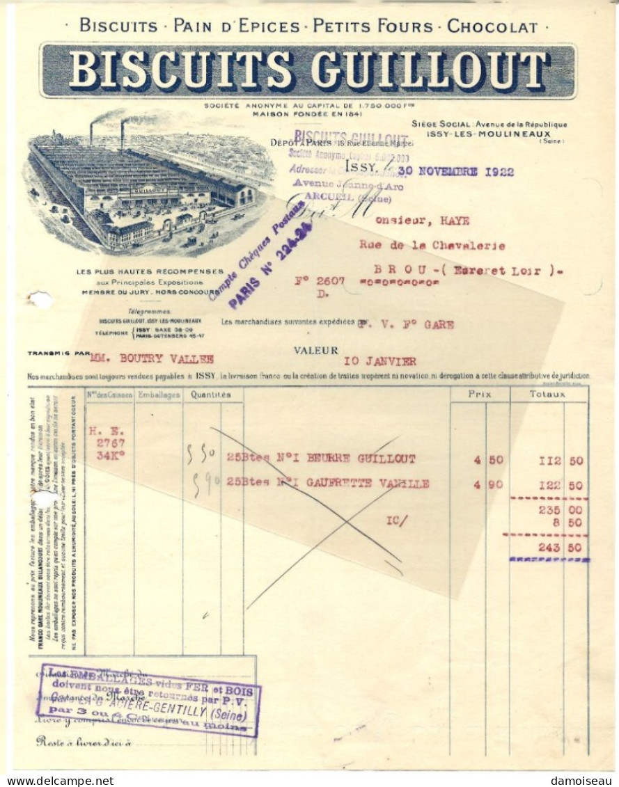 Issy Les Moulineaux, Biscuits Guillout, Biscuits, Pain D'Epices, Petits Fours Et Chocolat, Facture 1922. - 1900 – 1949