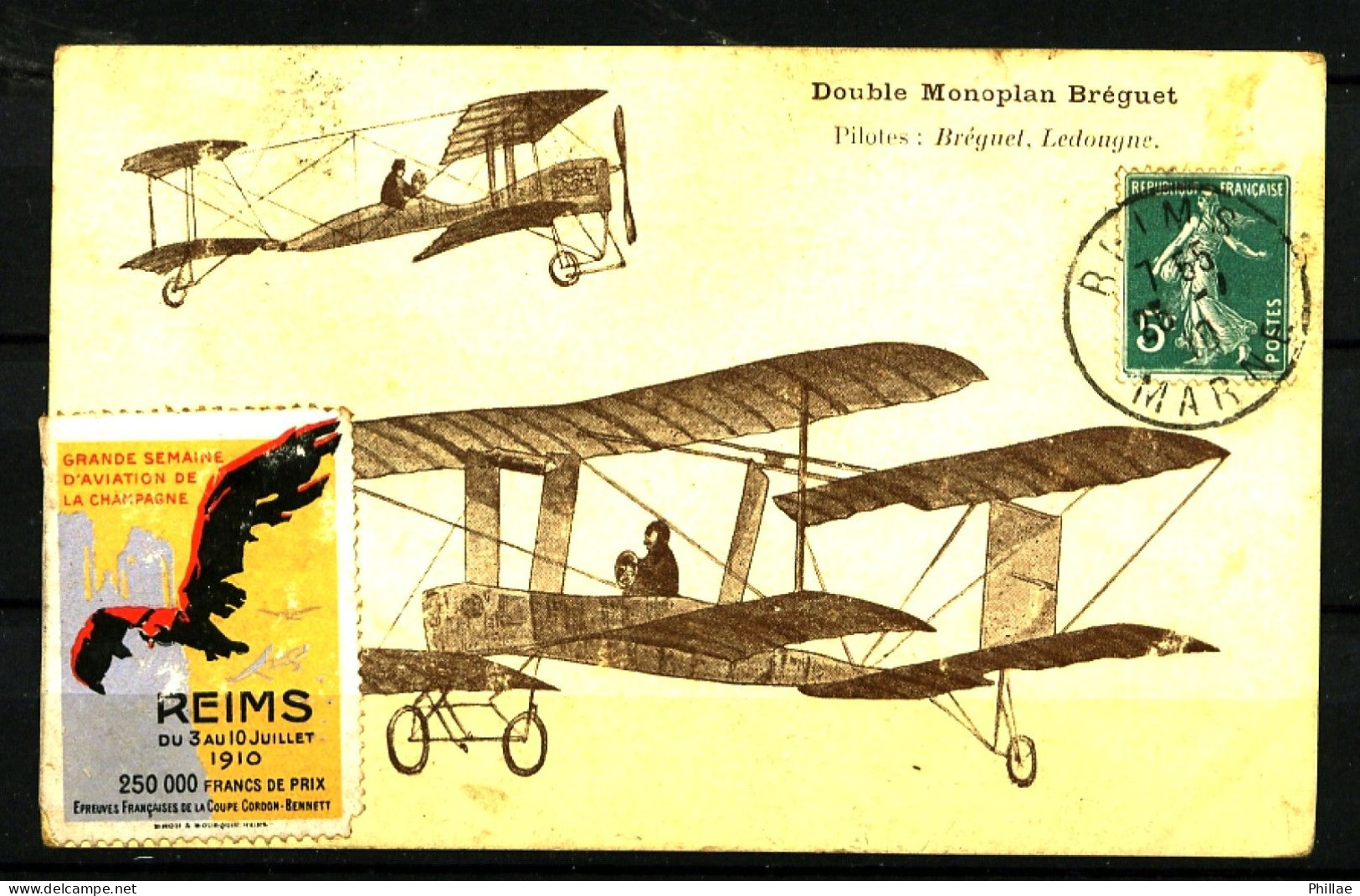 REIMS AVIATION - Juillet 1910 - Vignette Sur CP "Double Monoplan Breguet" - TB - Aviazione