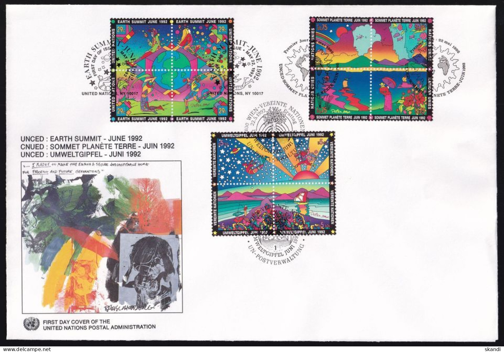 UNO NEW YORK - WIEN - GENF 1992 TRIO-FDC Umweltgipfel Genf Mit Einkreisstempel - Gezamelijke Uitgaven New York/Genève/Wenen