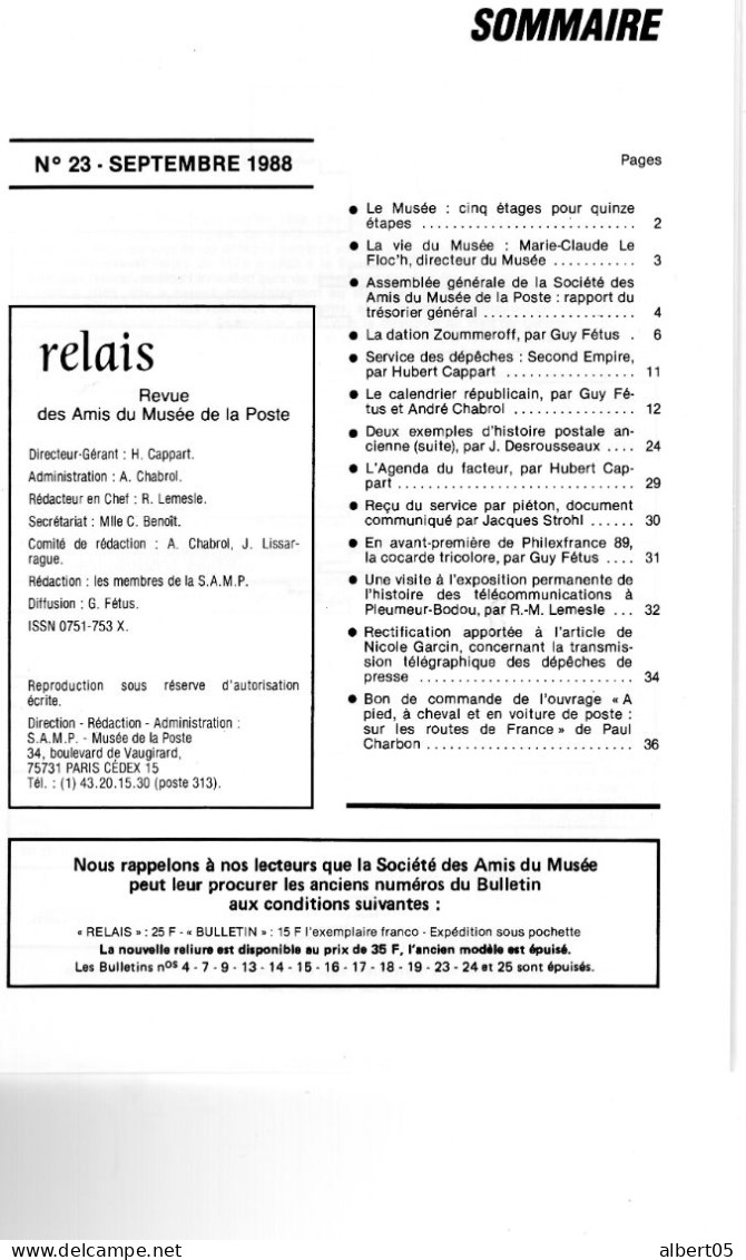 Relais - N° 23 -Septembre 1988 -   Revue Des Amis Du Musée De  La Poste - Avec Sommaire - Calendrier Républicain........ - Filatelie En Postgeschiedenis