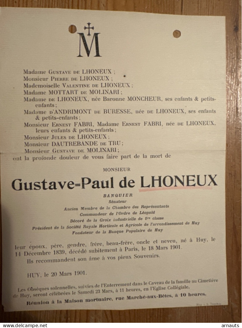 Gustave-Paul De Lhonneux Banquier Senateur *1839 Huy +1901 Paris De Molinari D’Andrimont De Buresse Fabri Dautrdbande De - Avvisi Di Necrologio