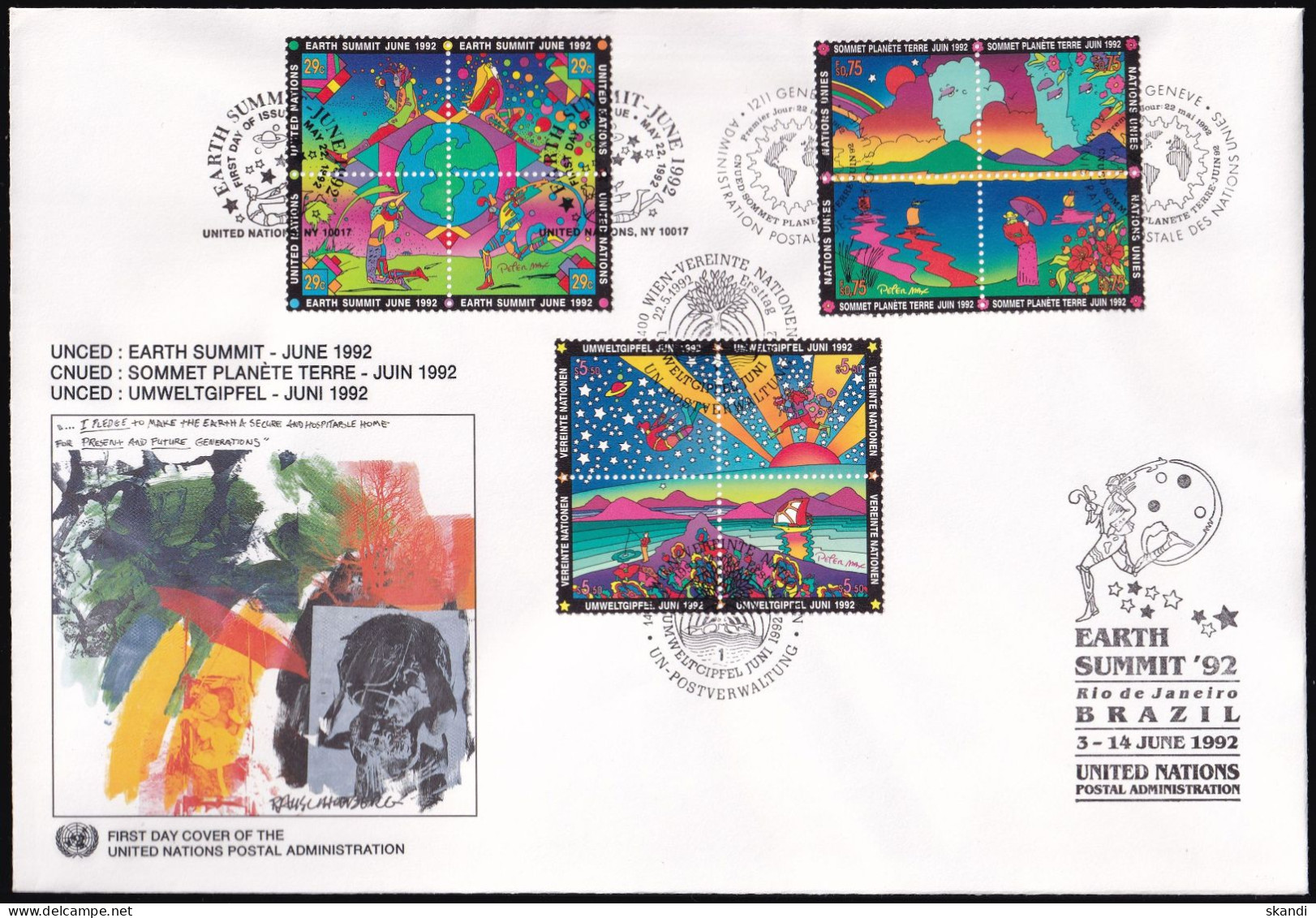 UNO NEW YORK - WIEN - GENF 1992 TRIO-FDC Umweltgipfel + Stempel Earth Summit - Gemeinschaftsausgaben New York/Genf/Wien