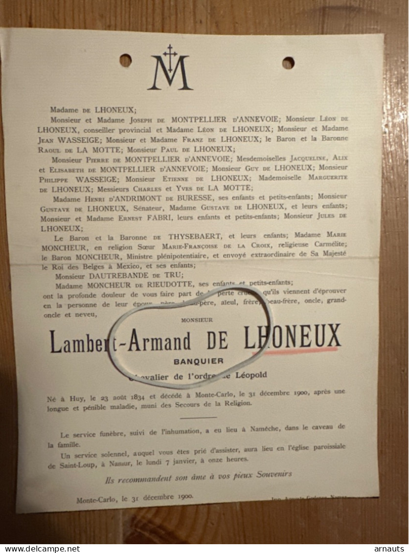 Lambert-Armand De Lhoneux Banquier *1834 Huy +1900 Monte-Carlo Namèche Namur De Montpellier D’Annevoie De Thysebaert Mon - Todesanzeige