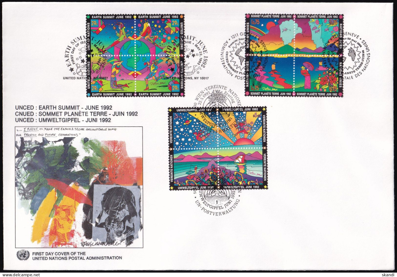 UNO NEW YORK - WIEN - GENF 1992 TRIO-FDC Umweltgipfel - New York/Geneva/Vienna Joint Issues