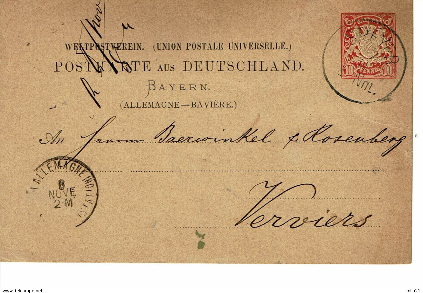 BAVIERE ENTIER POSTAUX 10 Feenig ROUGE - Postal  Stationery