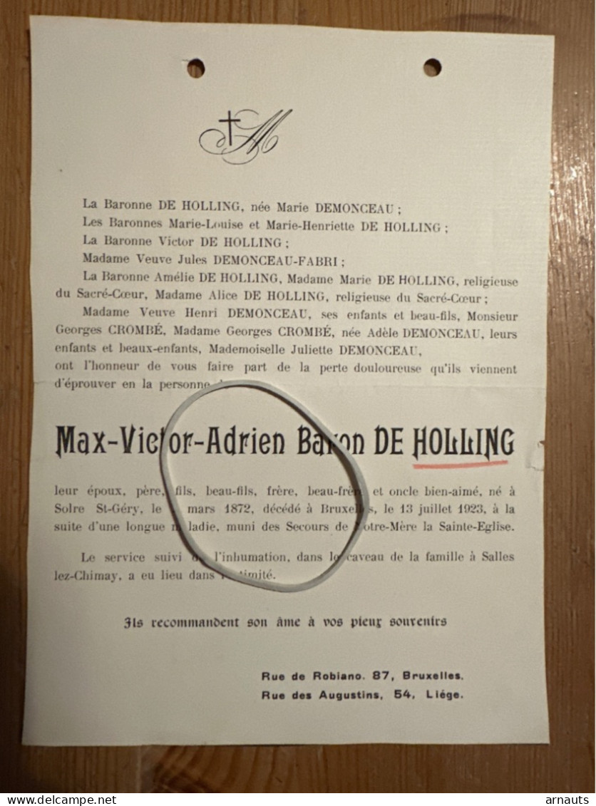 Max-Victor-Adrien Baron De Holling *1872 Solre St.-Gery +1923 Bruxelles Salles Lez Chimay Demonceau Crombé Fabri - Avvisi Di Necrologio