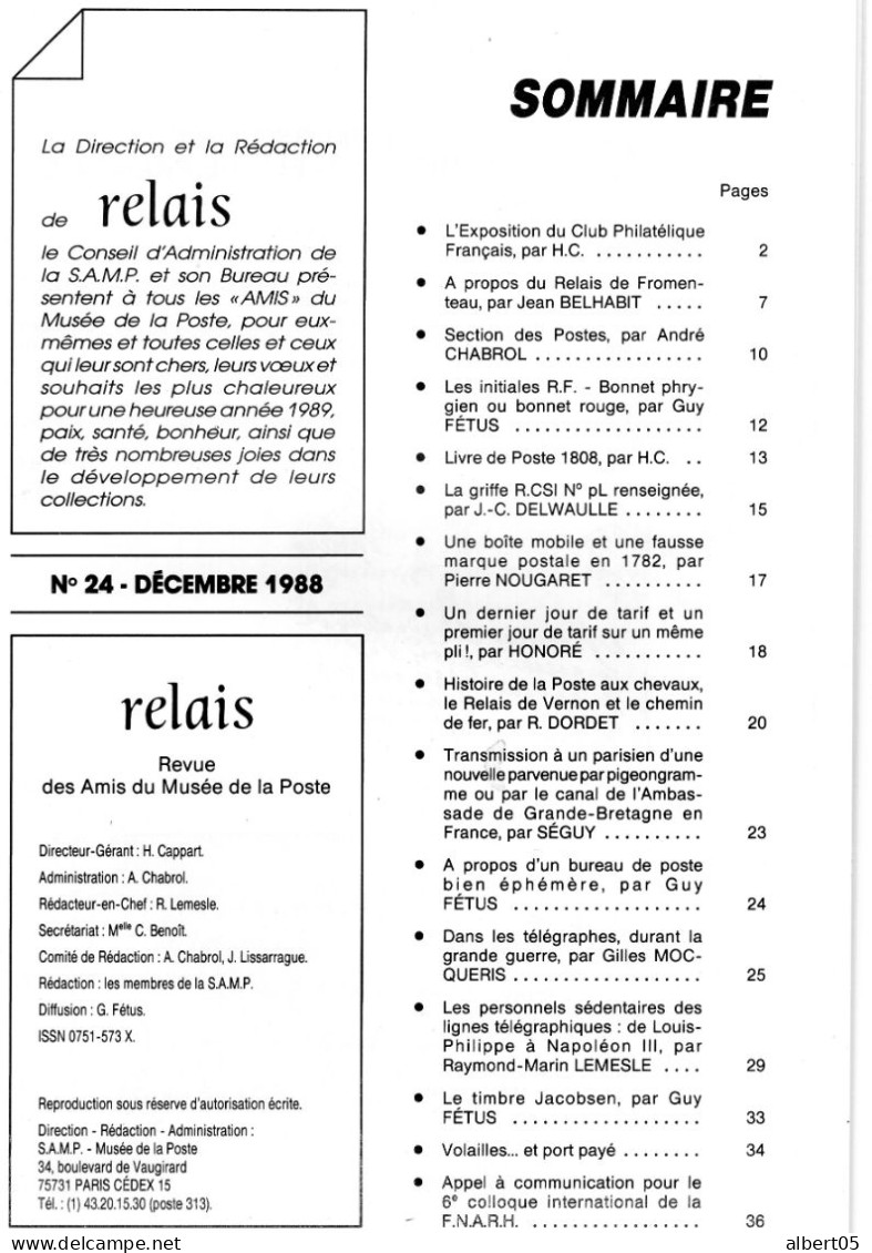 Relais - N° 24 -Décembre 1988 -   Revue Des Amis Du Musée De  La Poste - Avec Sommaire - Poste Aux Chevaux ...... - Philatelie Und Postgeschichte