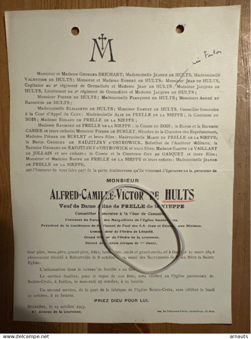 Alfred-Camille De Hults Veuf De Prelle De La Nieppe Conseiller Cour De Cassation *1846 Gand +1923 Robertville Ixelles - Esquela