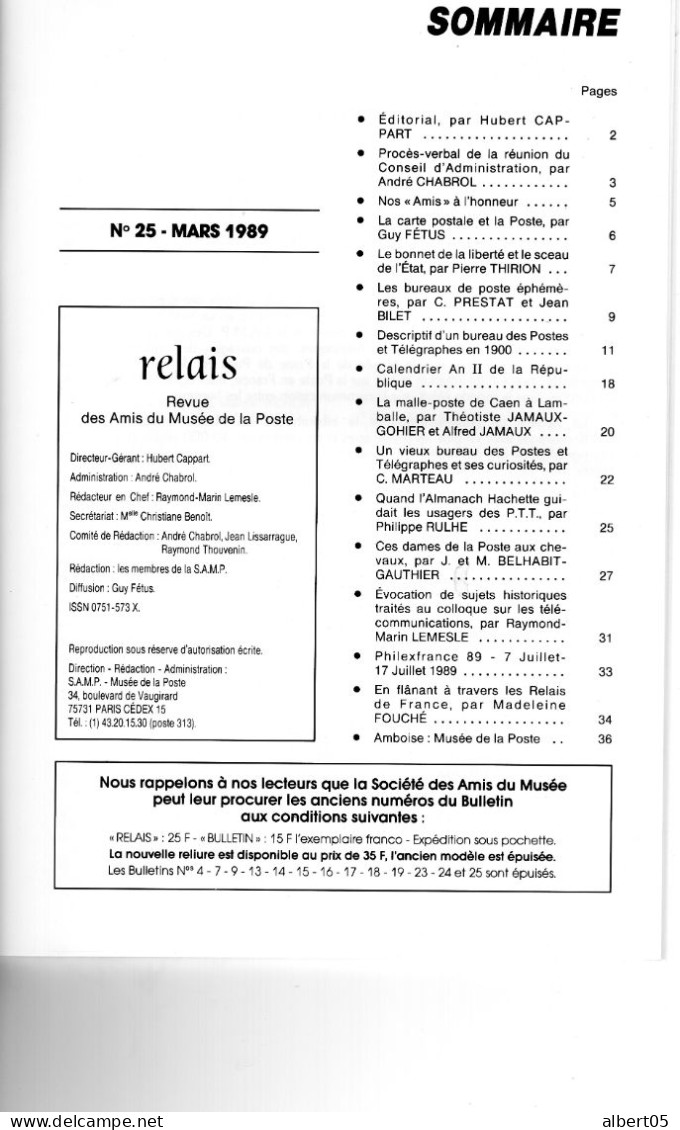 Relais - N° 25 -Mars 1989 -   Revue Des Amis Du Musée De  La Poste - Avec Sommaire - Bureau De Poste En 1900....... - Filatelia E Storia Postale