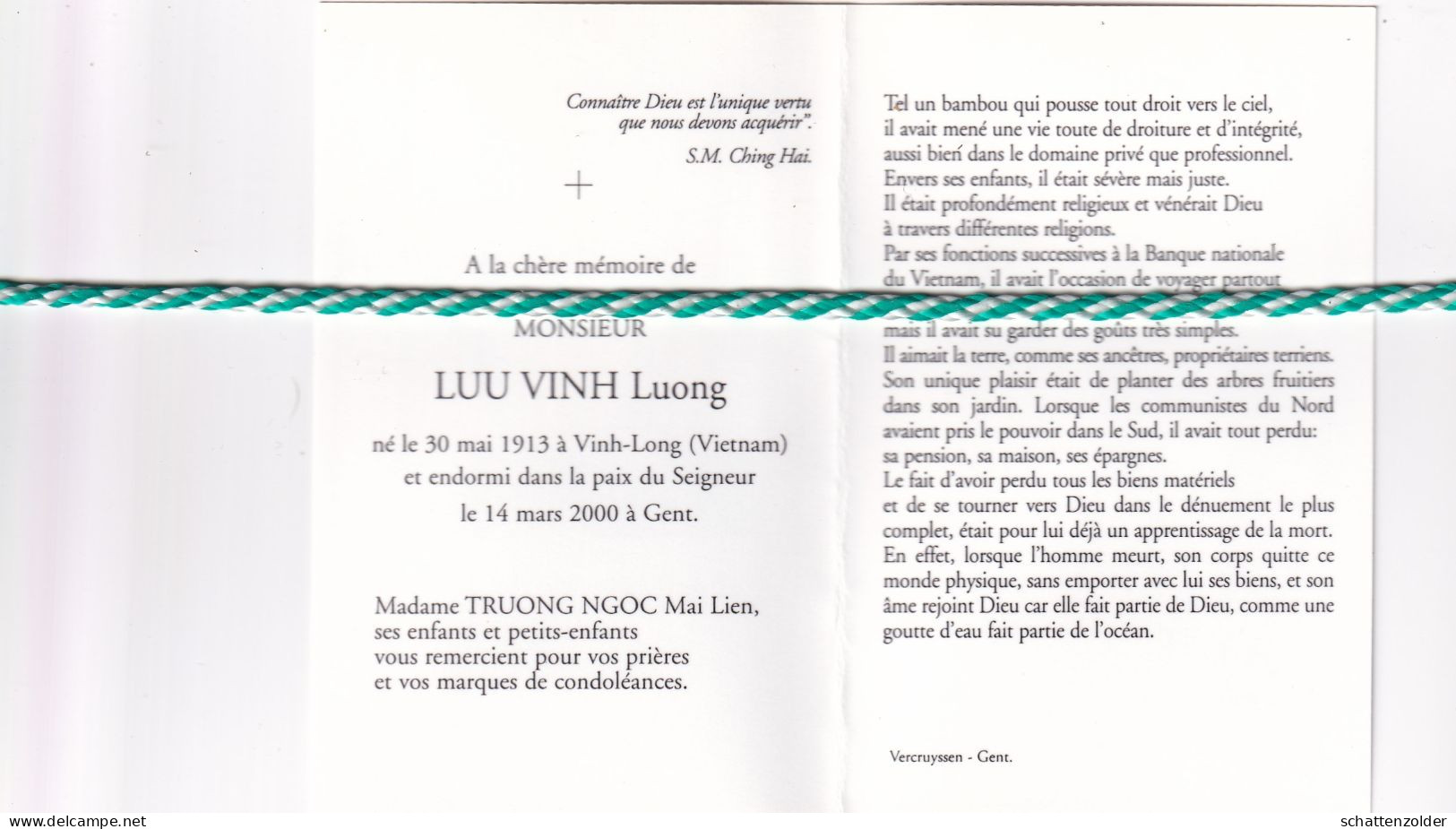 Luong Luu Vinh-Truong Ngoc, Vinh-Long (Vietnam) 1913, Gent 2000. Foto - Overlijden