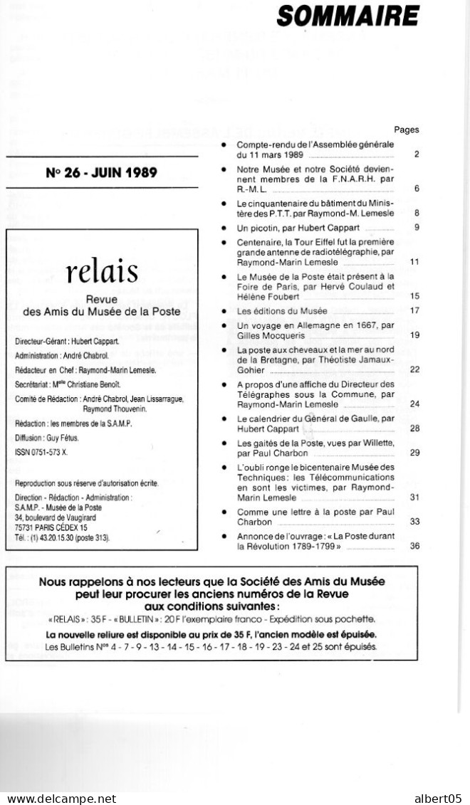 Relais - N° 26 -Juin 1989 -   Revue Des Amis Du Musée De  La Poste - Avec Sommaire -Voyage En Allemagne En 1667......... - Philatélie Et Histoire Postale