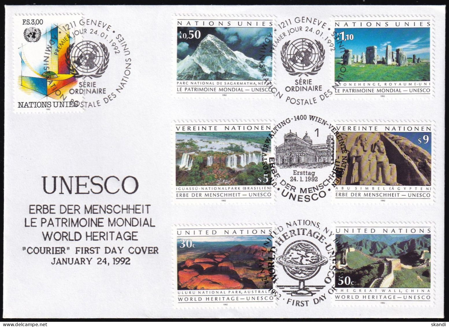 UNO NEW YORK - WIEN - GENF 1992 TRIO-FDC Erbe Der Menschheit - Gemeinschaftsausgaben New York/Genf/Wien