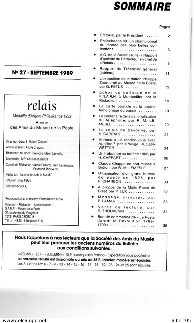 Relais - N° 27 -Sept 1989 -   Revue Des Amis Du Musée De  La Poste - Avec Sommaire - Claude Chappe......... - Filatelia E Storia Postale