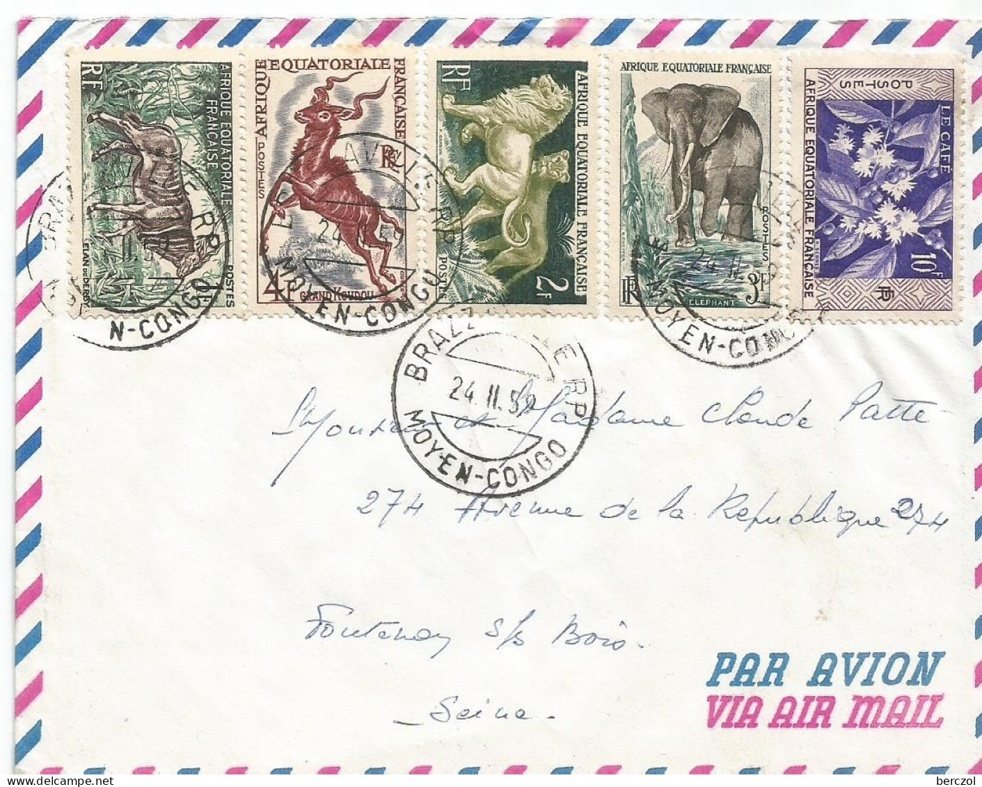 A.E.F. LETTRE PAR AVION TP N° 236,238,239,240,241 DE BRAZAVILLE POUR FONTENAY SOUS BOIS 24/11/59 TB  - Storia Postale