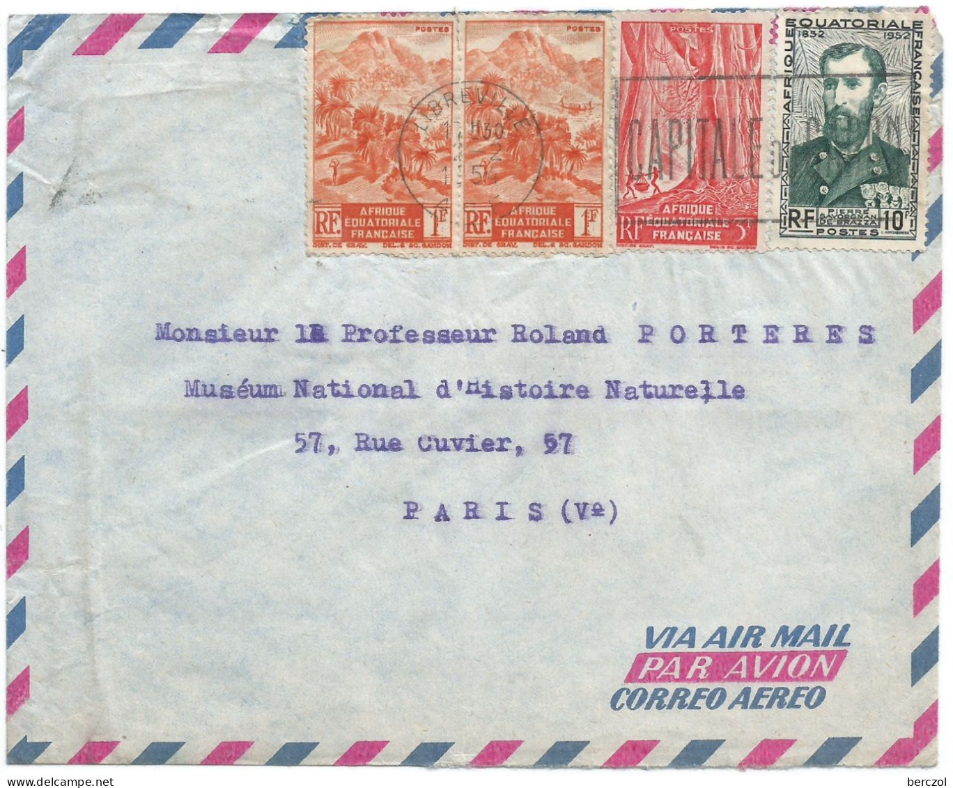 A.E.F. LETTRE PAR AVION TP N°214X2,218,228 LIBREVILLE POUR PARIS 2 2 1954 TB  - Storia Postale