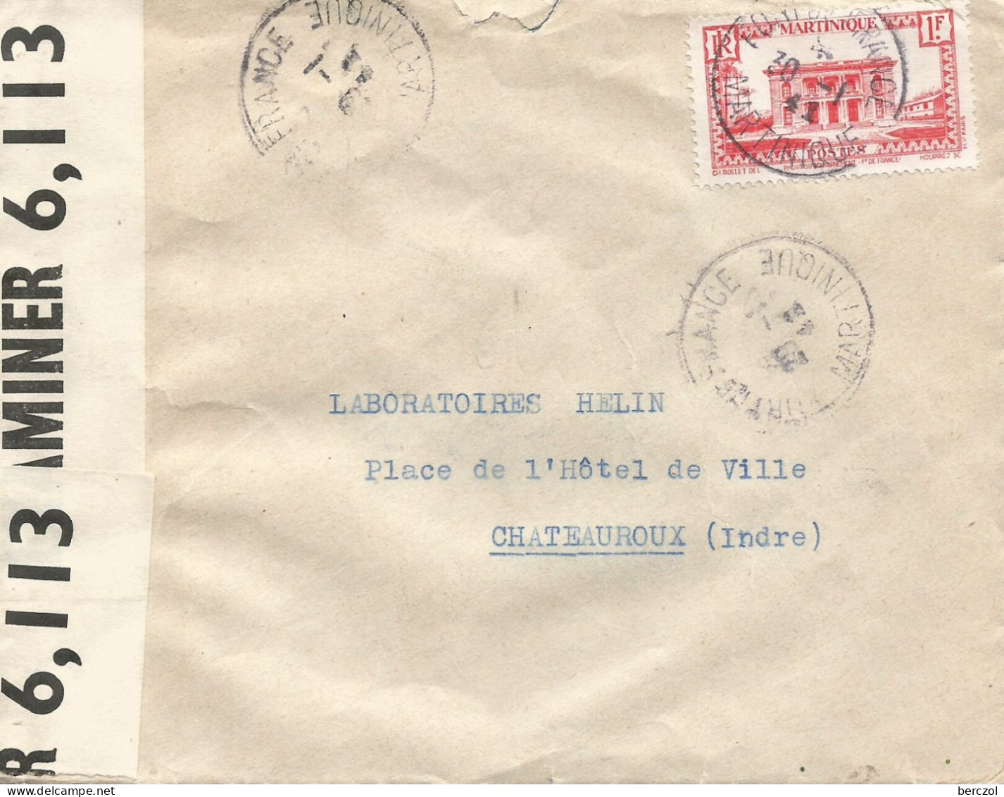 MARTINIQUE 1941 LETTRE DE FORT DE France POUR CHATEAUROUX 30 1 41 ++ CENSURE TB - Covers & Documents