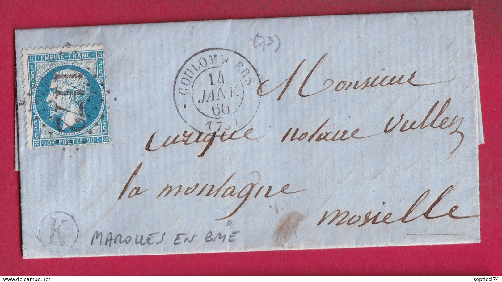 N°22 GC 1172 COULOMMIERS SEINE ET MARNE BOITE RURALE K MAROLLES EN BRIE LETTRE - 1849-1876: Periodo Classico