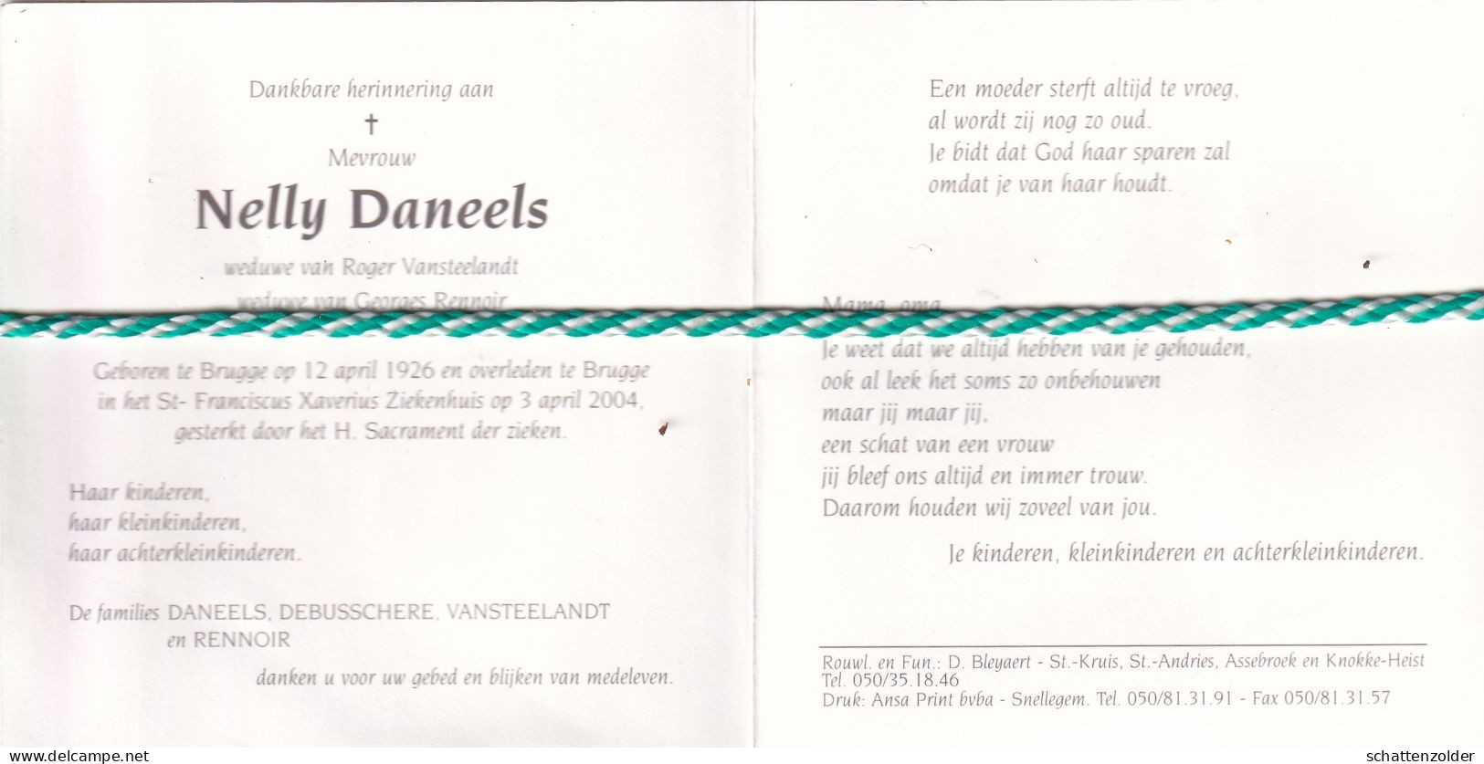 Nelly Daneels-Vansteelandt-Rennoir, Brugge 1926, 2004. Foto - Overlijden