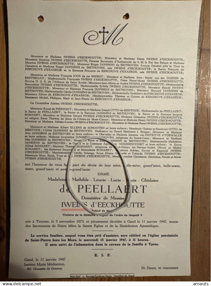 Dame Madeleine De Peellaert Douairiere Messire Iweins D’Eeckhoutte *1873 Tournai +1947 Gand Ypres Jood De Ten Beerst Van - Todesanzeige