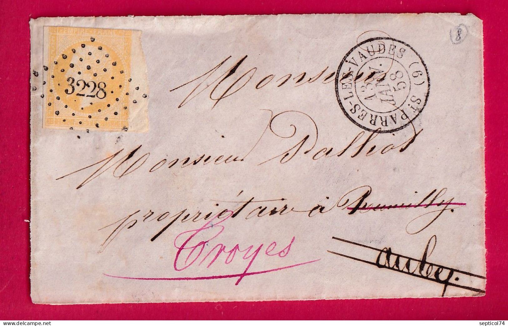 N°13 BDF JAUNE CITRON PC 3328 ST PARRES LES VAUDES AUBE POUR TROYES DEVNAT DE LETTRE LETTRE - 1849-1876: Periodo Classico