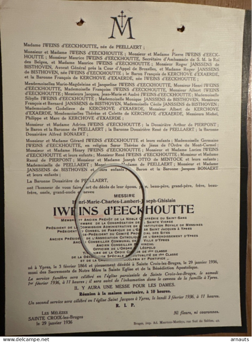 Messire Henri Iweins D’Eeckhoutte *1864 Ypres +1936 St Kruis Brugge Messines Conseiller Provincial Confrérie Saint-Sang - Todesanzeige