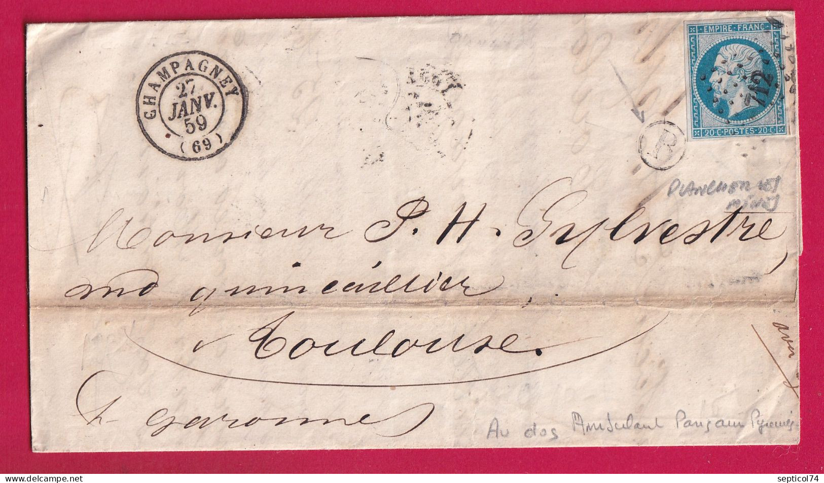 N°14 PC 712 CHAMPAGNEY HAUTE SOANE BOITE RURALE B PLANCHER LES MINES POUR TOULOUSE LETTRE - 1849-1876: Periodo Classico