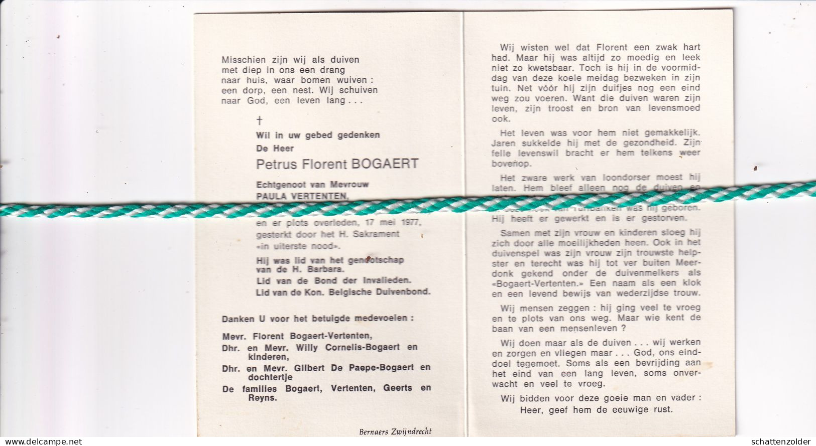 Petrus Florent Bogaert-Vertenten, Meerdonk 1921, 1977 - Todesanzeige