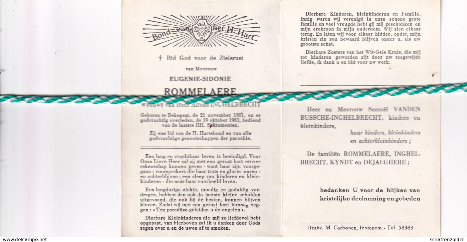 Eugenie Sidonie Rommelaere-Inghelbrecht, Bekegem 1881, 1963 - Todesanzeige
