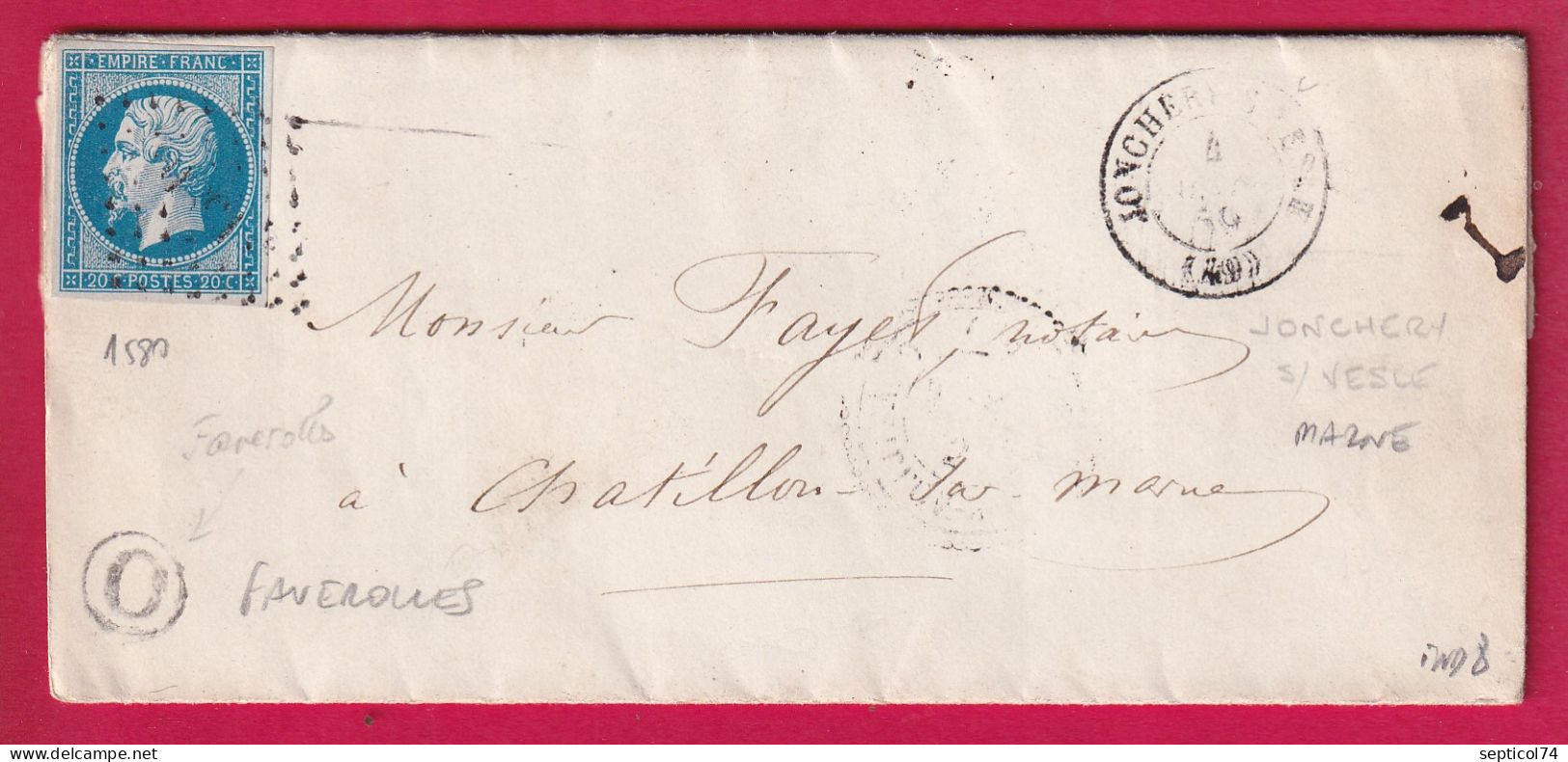 N°14 PC 1580 JONCHERY SUR VESLE MARNE BOITE RURALE O FAVEROLLES POUR CHATILLON SUR MARNE LETTRE - 1849-1876: Periodo Classico