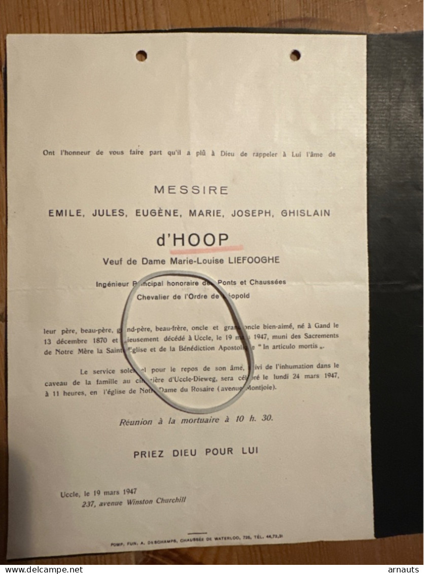 Messire Emile D’Hoop Veuf Marié Liefooghe *1870 Gand +1947 Uccle Dieweg Van Pradelles De Palmaert Le Fevere De Tenhove - Obituary Notices