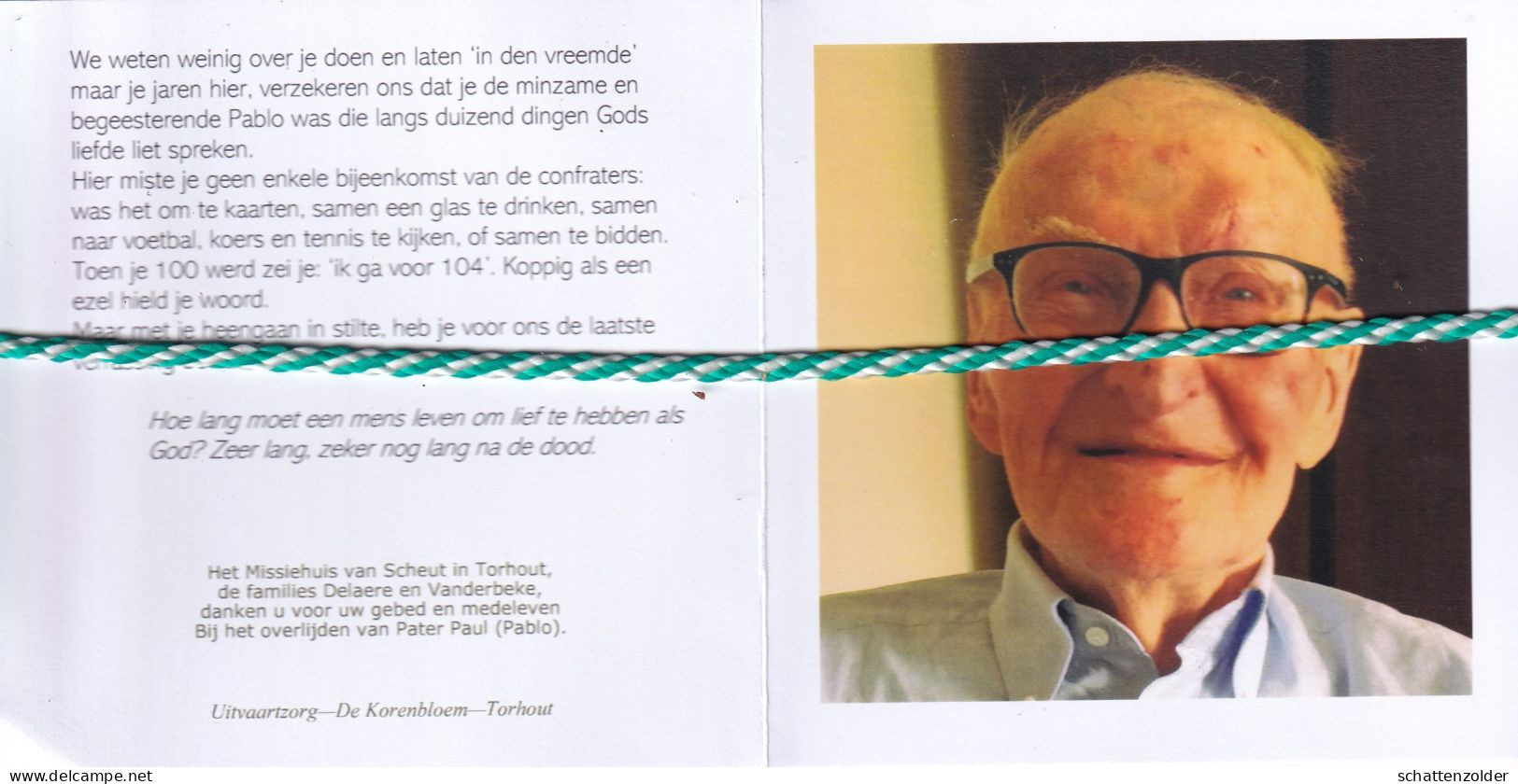 Pater Paul Delaere, Kuurne 1918, Torhout 2022. Honderdjarige. Foto - Obituary Notices