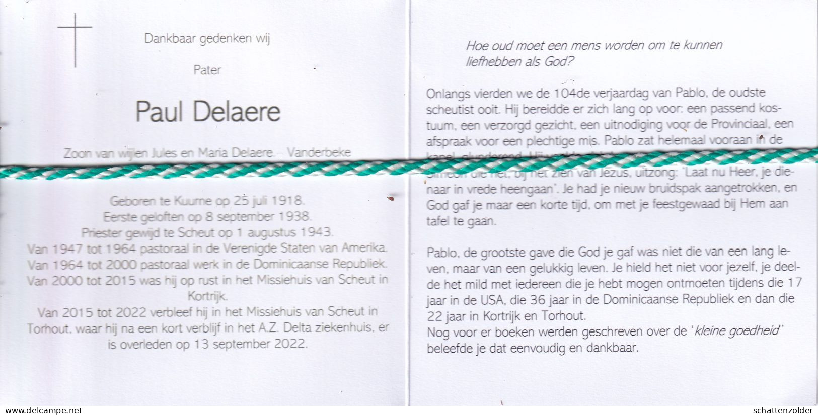 Pater Paul Delaere, Kuurne 1918, Torhout 2022. Honderdjarige. Foto - Overlijden