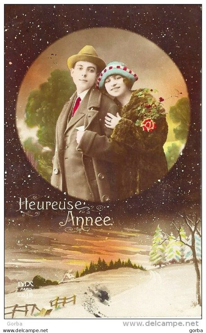 *CPA - S1 - Heureuse Année - Couple Dans Médaillon, Paysage Enneigé - - New Year