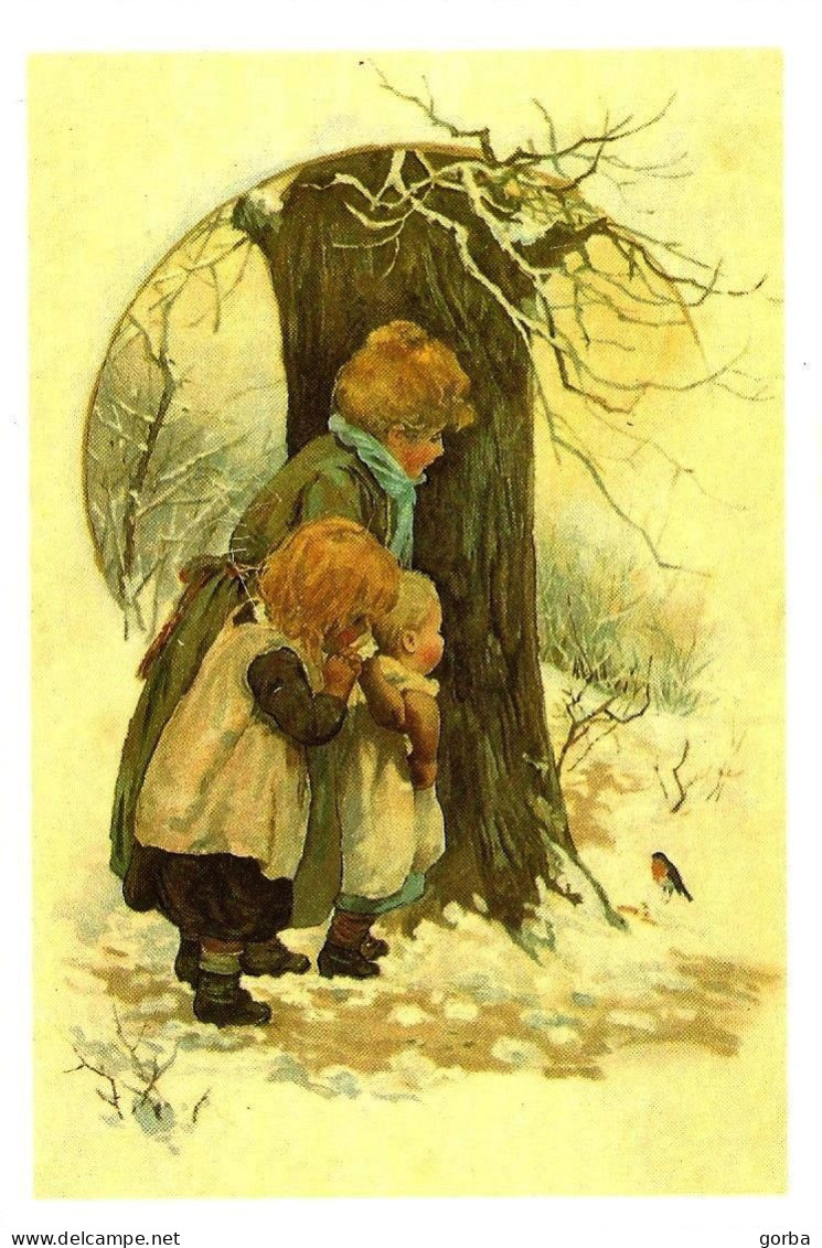 *CPM  De Voeux Anglaise  - Double - Femme Et 2 Enfants Observant Un Oiseau Dans La Neige - New Year