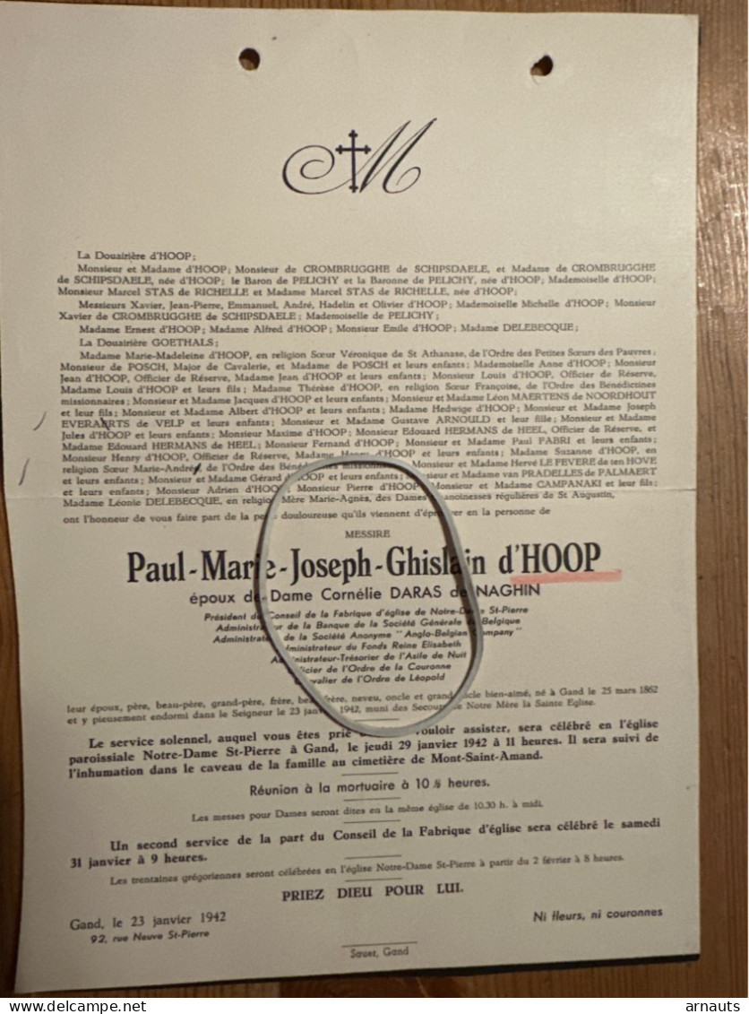 Messire Paul D’Hoop époux Dame Daras De Naghin *1862 Gand +1942 Gand St.-Amandsberg Fonds Reine Elisabeth Banque Soc. Ge - Todesanzeige