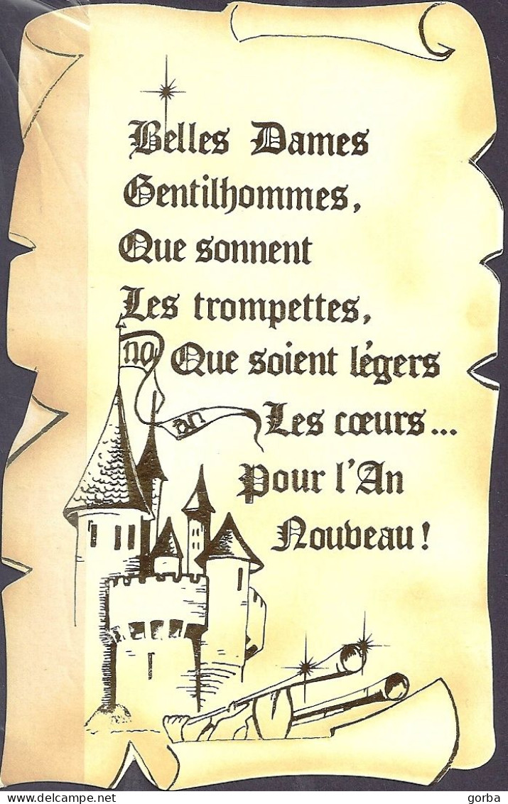 *CPM - Belle Carte De Vœux Forme Parchemin - Château Fort Et Trompettes - New Year