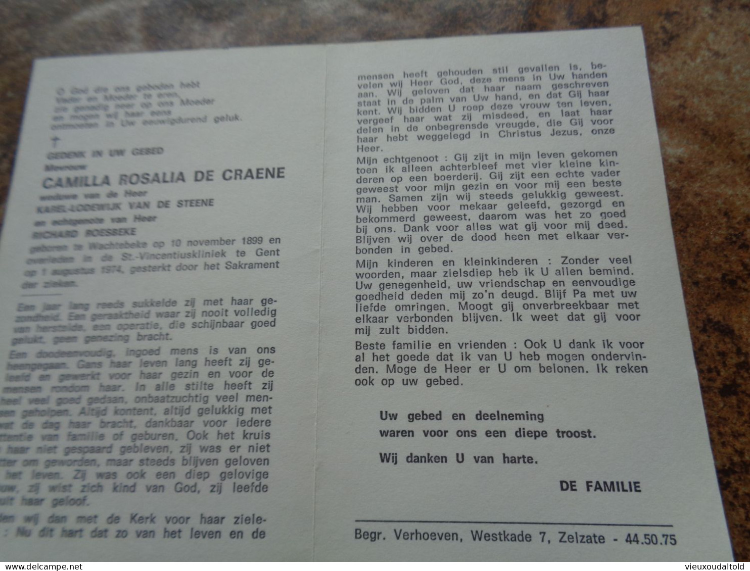 Doodsprentje/Bidprentje  CAMILLA ROSALIA DE CRAENE   Wachtebeke 1899-1974 Gent (Wwe Van De Steene/Echtg Roesbeke) - Religione & Esoterismo