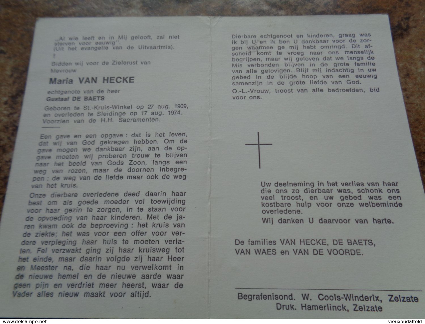 Doodsprentje/Bidprentje Maria VAN HECKE   St Kruis Winkel 1909-1974 Sleidinge  (Echtg Gustaaf DE BAETS) - Religion & Esotericism