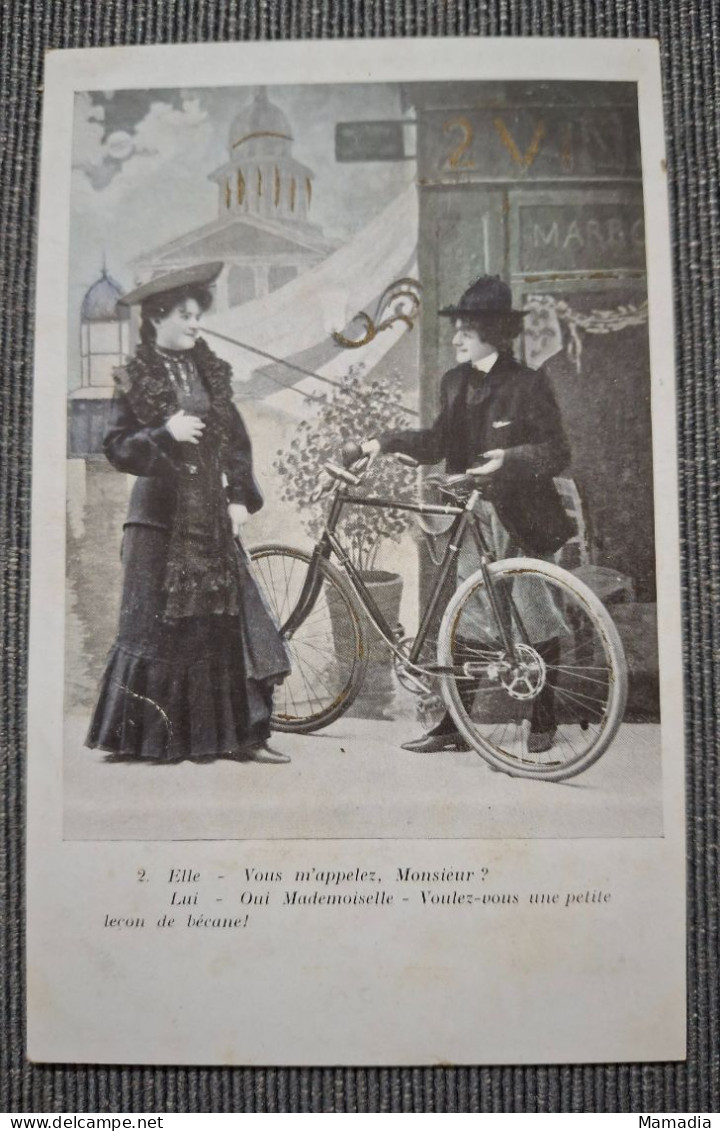 CARTE POSTALE ANCIENNE CYCLE VELO SERIE "MADEMOISELLE ECOUTEZ-MOI DONC" N°2 / 6 - Paare