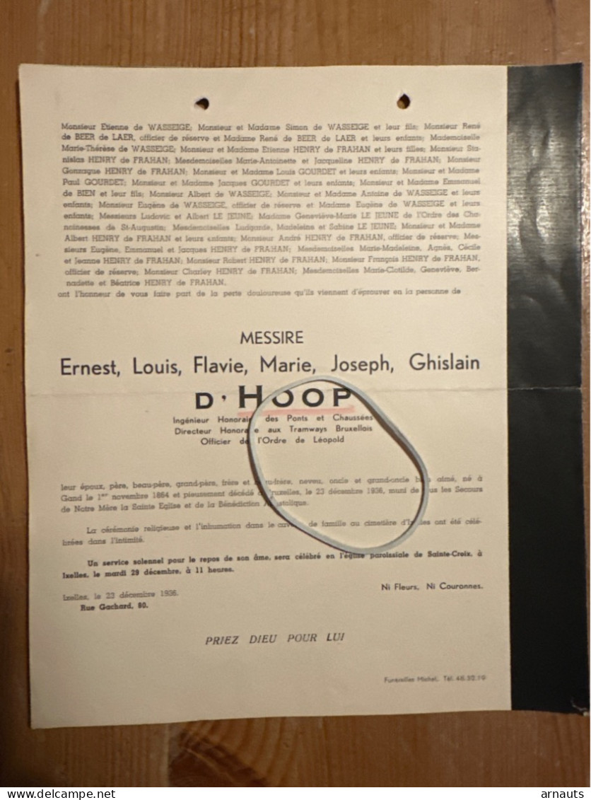 Messire Ernest D’Hoop *1864 Gand +1936 Bruxelles Ixelles Tramways Bruxellois De Posch De Bien De Wasseige - Décès