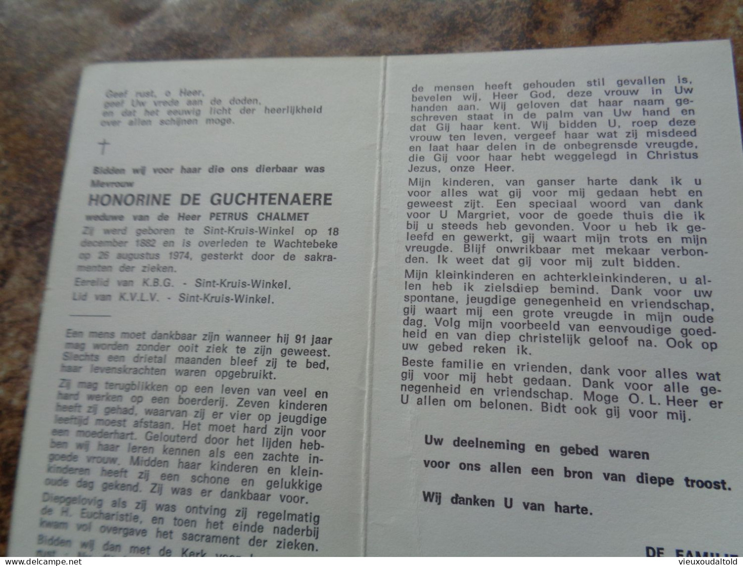 Doodsprentje/Bidprentje  HONORINE DE GUCHTENAERE   St Kruis Winkel 1882-1974 Wachtebeke (Wwe Petrus CHALMET) - Religione & Esoterismo