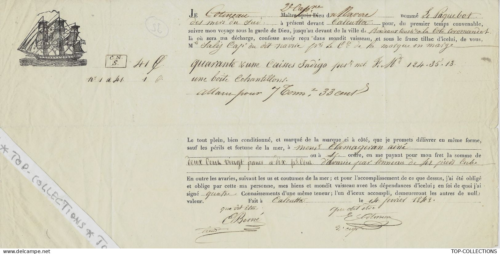 NAVIGATION 1849  CONNAISSEMENT BILL OF LADING  Calcutta & Coromandel Inde > Bordeaux Navire Le Paquebot Des Mers Du Sud - 1800 – 1899